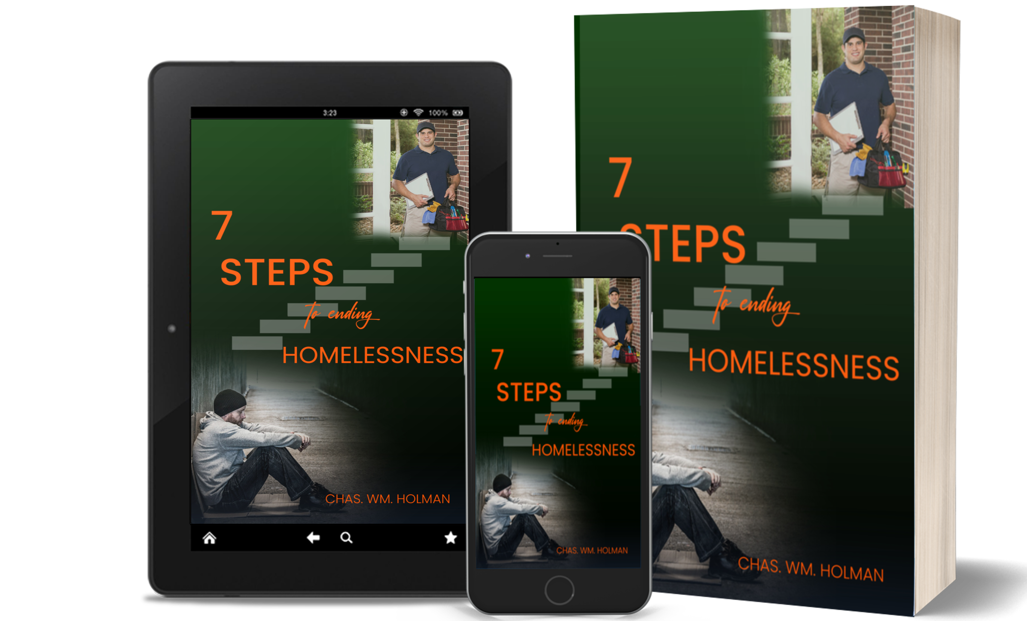 Mockups of the book as a paperback and ebook on a tablet and on a phone.